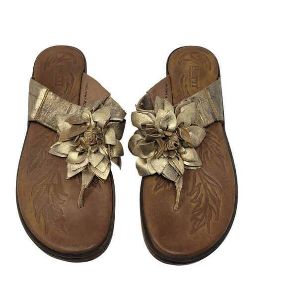 Born Womens Astrid Metallic Gold Leather Sandals Sz 11 Handcrafted 3D Flower - Picture 2 of 13